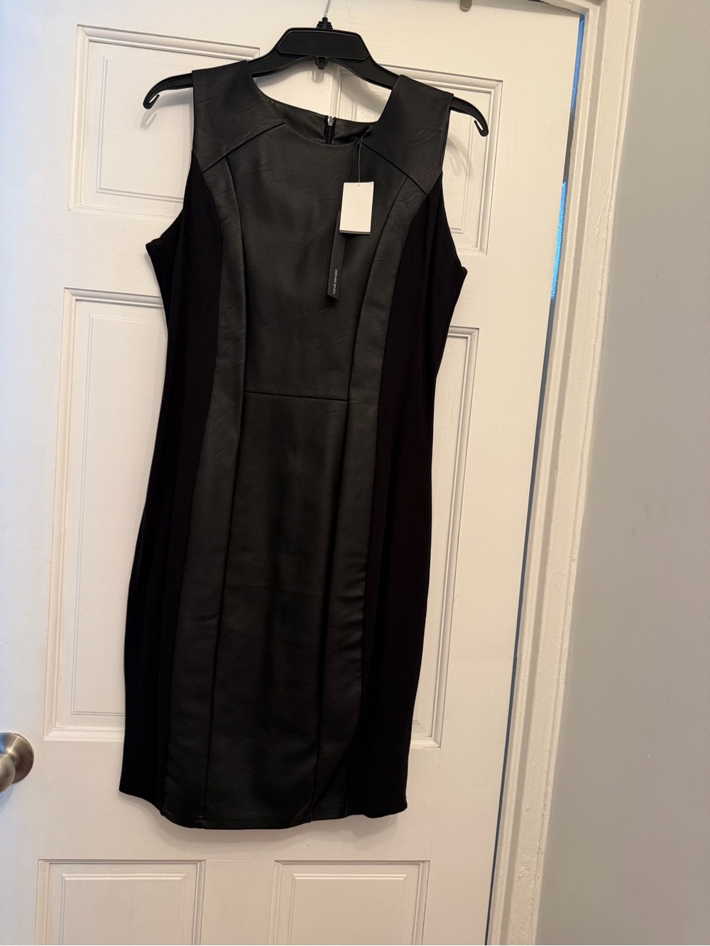 Sleeveless Black Faux-Leather Panel Sheath Dress